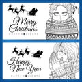 Doodle illustration card girl Santa. New Year. Vector. Coloring page Anti stress for adults and children. Brown white.