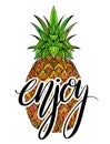 Doodle illustration colorful pineapple with boho pattern and with Enjoy hand drawn lettering