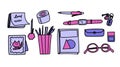 A doodle illustration of a desktop with various items such as a book, glasses, notebook, keys, clock, pen, stickers, and Royalty Free Stock Photo