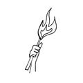 Doodle illustration of a hand holding a burning torch on a white background isolated. Royalty Free Stock Photo