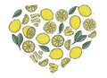 Doodle illustration of lemons in the shape of a heart. Color picture isolated on white background.