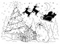 Doodle illustration of Santa in a sleigh with reindeer. New Year. Vector. Royalty Free Stock Photo