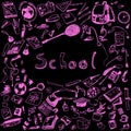 Doodle illustration of school objects. Pink outlined illustration of design elements, black background.