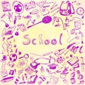 Doodle illustration of school objects. Pink outlined illustration of design elements, watercolor background.