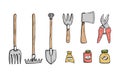 Doodle illustration of a set of gardening tools. Farming