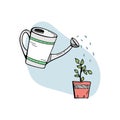 Doodle illustration with a watering can watering a flower. Gardening