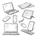 Doodle illustrations of different devices laptop, smartphone, tablet, pc and other. Vector pictures set Royalty Free Stock Photo
