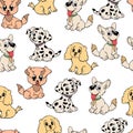 doodle illustrations, seamless pattern for children, drawn funny multicolored puppies dogs on a white background
