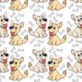 doodle illustrations, seamless pattern for children, drawn funny multicolored puppies dogs on a white background, for textiles