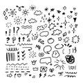 Doodle illustrations set. Doodles, stars, sparkles, hearts, decorations, frames, speech bubbles, arrows, check boxes Royalty Free Stock Photo