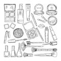 Doodle illustrations of woman cosmetics. Makeup tools for beautiful women