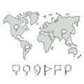 Doodle illustrations of world map with hand drawn pins. Vector pictures isolate Royalty Free Stock Photo