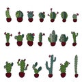 Doodle image of cute cactuses in pots. Houseplants collection. Hand drawing. Vector illustration