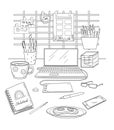 Doodle image of digital artist workplace.Table and wall organizer with computer, tablet, pencils.Vector black and white Royalty Free Stock Photo