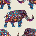 Doodle indian elephant seamless pattern