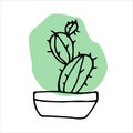 Doodle indoor cactus, potted plant. Black line, green spot.