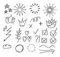 Doodle infographics elements. white background. Symbols for web, app, social net in hand drawn doodle style. Royalty Free Stock Photo