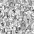 Doodle insects black and white seamless patterns - bees, flies, bugs, spiders, worms, leaves