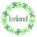 Doodle Ireland green clover shamrock circle wreath lettering vector line art isolated