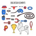 Doodle isolated set of dog items elements. Pet icons walking, feeding, grooming salon equipment.