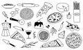 Doodle Italian food. National cuisine background with spaghetti pasta pizza and dessert, cheese tomato pepperoni olive