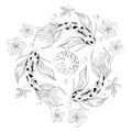 Doodle Japanese Composition with lotus, koi fish