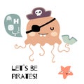 Doodle jellyfish piratical card. Hand drawn vector illustration