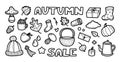 Autumn doodles collection. Vector set isolated on white background. Sale lettering Royalty Free Stock Photo