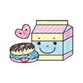 Doodle kawaii donuts with milk box and heart