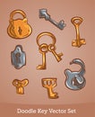 Doodle keys set isolated on brown background. Vector