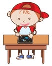 Doodle Kid Playing Tablet on White Background Royalty Free Stock Photo