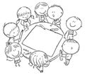 Doodle kids drawing together, black and white