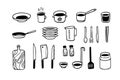 Doodle kitchen cookery. Set of monochrome hand drawn kitchenware. Cafe accessories on white background in vector Royalty Free Stock Photo