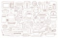 Doodle kitchenware. Hand drawn cooking and baking equipment pot, spoon, whisk, microwave, knives. Tableware, kitchen