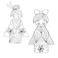 Doodle Kokeshi dolls in black for invitation card Royalty Free Stock Photo