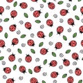 Doodle ladybugs seamless pattern. Vector repeating baby background with cute beetles and leaves Royalty Free Stock Photo