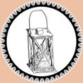 Doodle lantern, kerosene lamp in vintage style with lace. Silhouette of lamp hand drawn in black and white colors