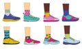 Doodle legs with shoes. Sport fashion footwear on woman's and man's feet with colored socks. Vintage casual sneakers set