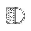 Doodle letter D. Hand drawn line ABC. Sketch alphabet. Kids illustration for coloring book. Editable outline