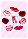 Doodle lettering I Love you with red heart, lips Royalty Free Stock Photo