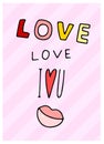 Doodle lettering I Love you with red heart, lips Royalty Free Stock Photo