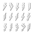 Doodle lightning bolts vector logo set. Concept of energy and electricity. Cartoon flash collection. Power and electric