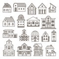 Doodle line different houses. Hand drawn house, cute simple scandinavian architect buildings. Small village home