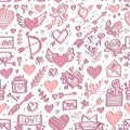 Doodle lines hand drawn love hearts and different valentines day romantic symbols signs arrows, amour seamless pattern . Vector Royalty Free Stock Photo