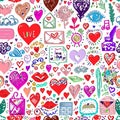 Doodle lines hand drawn love hearts and different valentines day romantic symbols signs scribbles seamless pattern . Vector Royalty Free Stock Photo