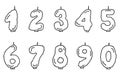 Doodle lit candle numbers for birthday cake. Hand drawn numeral icons. Zero, one, two, three, four, five, six, seven Royalty Free Stock Photo