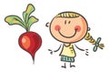 Doodle little girl with beet. Kid and vegetable clipart. Isolated on white background