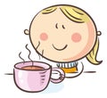 Doodle little girl drinking a hot drink during illness. Cartoon kid clipart