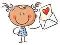 Doodle little girl holding greeting card with heart, cartoon kid illustration, valentine clipart