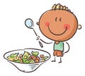 Doodle little kid preparing salad, vegetarian clipart, boy cooking healthy food. Isolated on white, cartoon clipart
